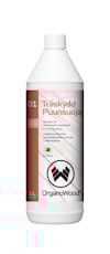 Vit plastflaska med etikett för "Träskydd 01" från OrganoWood, 1 liter.