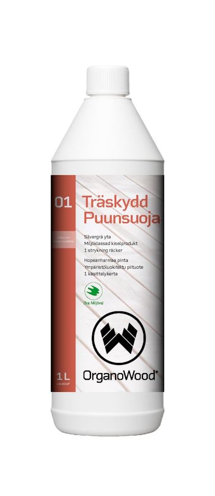 Vit plastflaska med etikett för "Träskydd 01" från OrganoWood, 1 liter.