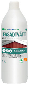 Flaska med etikett: "BIOkleen eco FASADTVÄTT". Bild av röd träfasad. Volym: 0,5 liter.