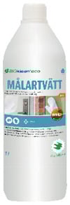 Vit flaska med etikett "BIKleen eco MÅLARTVÄTT UTE" och text om produktinformation och miljömärkning.