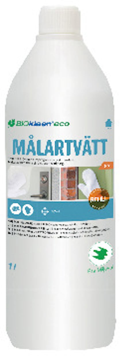 Vit flaska med etikett "BIKleen eco MÅLARTVÄTT UTE" och text om produktinformation och miljömärkning.