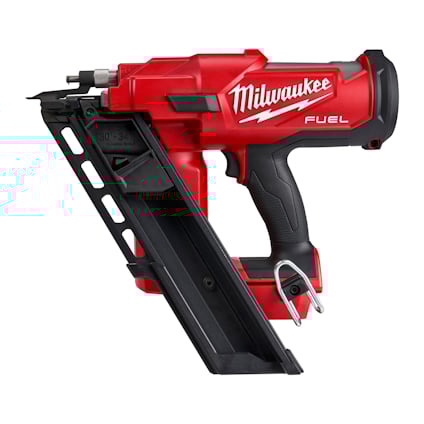 Röd och svart spikpistol med texten "Milwaukee Fuel" på sidan.