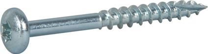 Metallskruv med rundt huvud och stjärnformad skruvmejselspår, gängad längs skaftet.