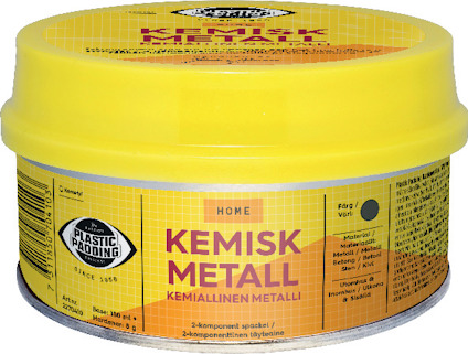 Gul burk med texten "Kemisk Metall" och "Plastic Padding" på etiketten.