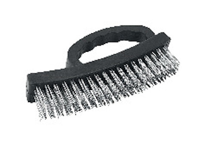 Handhållen stålborste med svart plasthandtag och fyra rader metallborst.