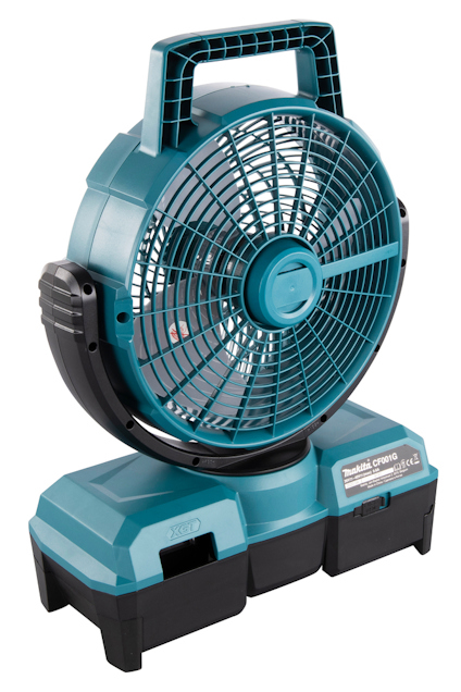 Bärbar blå fläkt med handtag och justerbart huvud, märkt CP001G.