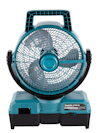 Turkos och svart portabel fläkt med gallerskydd, märkeslogga och inställningsknappar framtill.