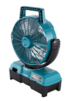 Turkos bärbar fläkt med galler fram och svart bas; utrustad med bärhandtag.