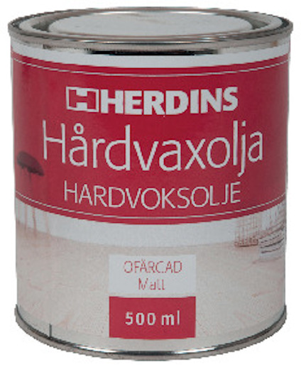 Burk med Herdins hårdvaxolja, ofärgad och matt, 500 ml, med röd etikett.