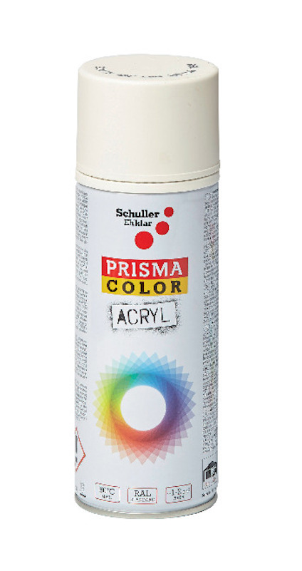 Sprayburk med vit matt färg, etikett med texten "PRISMA COLOR ACRYL", färghjul och varningssymboler.