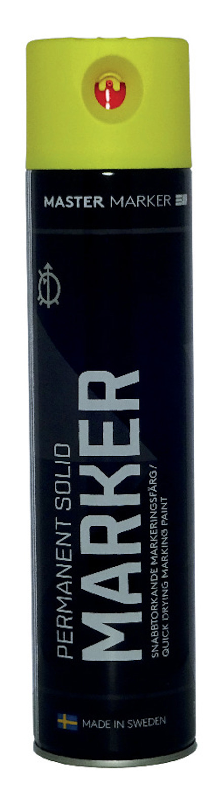 Sprayburk med texten "PERMANENT SOLID MARKER" och gul lock. Märkt "Made in Sweden".