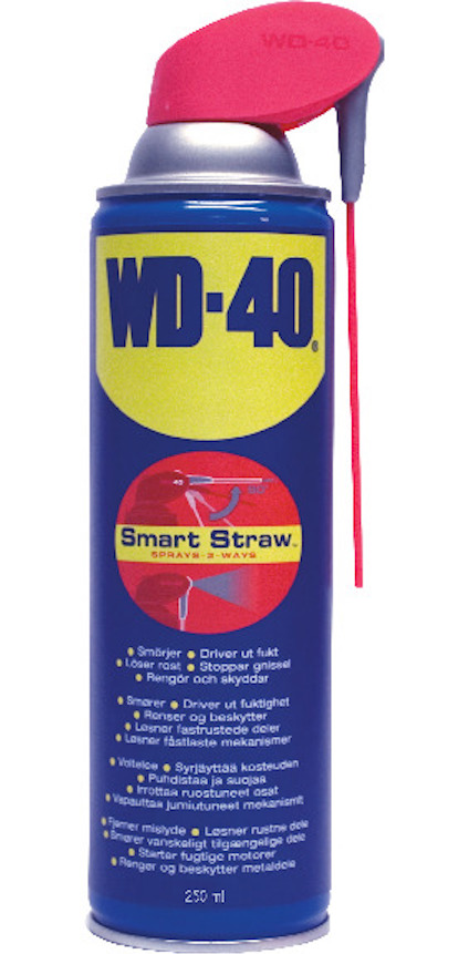 Sprayburk WD-40 med röd "Smart Straw"-pip på blå etikett och text om användningsområden.