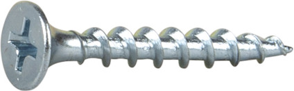 En silverfärgad gipsskruv med försänkt huvud och stjärnformad skåra, liggande på sidan.