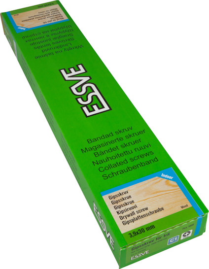 Grön förpackning av collated screws från ESSVE, innehållande 3,9x30 mm gipsskruvar.