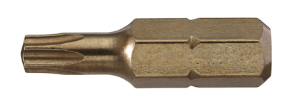 Torx-bit med stjärnformad spets och sexkantigt fäste i metall, är sliten och har en jämn brun yta.