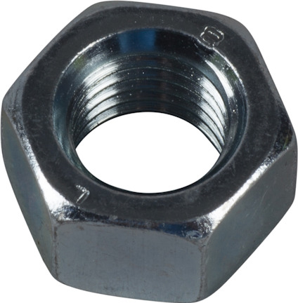 Sexkantig metallmutter med gängor och slät, blank yta.