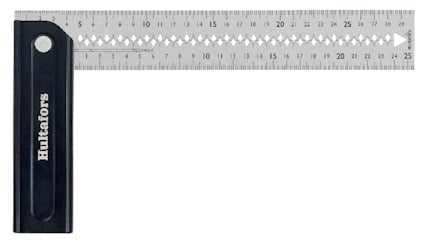 Vinkelhake med svart handtag och metallblad, märkning upp till 25 cm. Texten "Hultafors" synlig på handtaget.