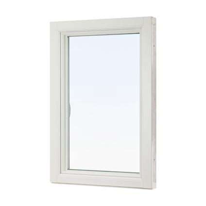 Rektangulärt vitt fönster med enkel glasruta och smal ram.