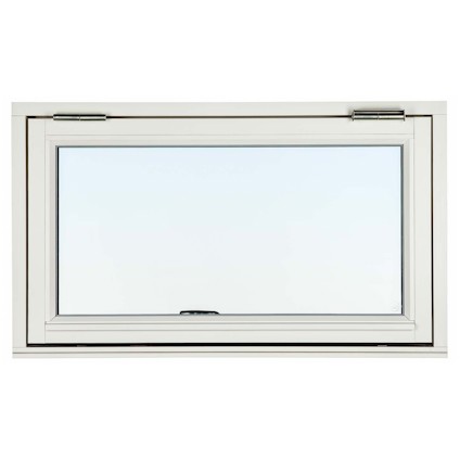 Rektangulärt fönster med vit träram och topphängning, sedd framifrån med klar glasruta och beslag upptill.