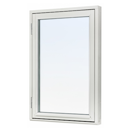 Vitt, träfönster med tre glasrutor och en sidogångjärn på vänster sida.