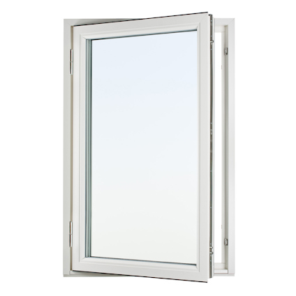 Fönster i vitt trä/aluminium, öppet utåt med en klar glasruta och synliga gångjärn på vänster sida.