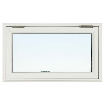 Överhängt fönster med vit träram och aluminiumbeklädnad, synlig gångjärn överst och klart glas.