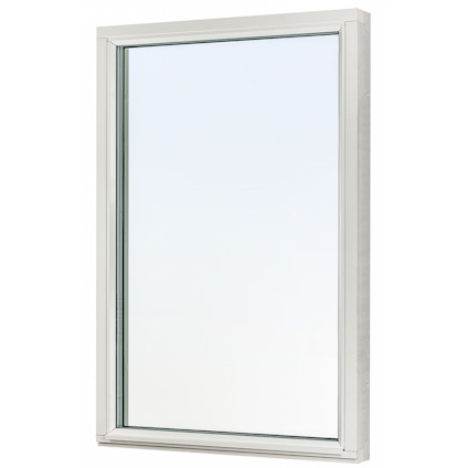 Ett vitt, fyrkantigt fönster med ett glasparti och en tunn karm.