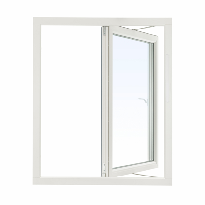 Sideswing-fönster i vitt trä och aluminium, öppnat på sidan, mot en vit bakgrund.
