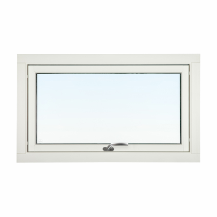 Vit fönsterram med stor rektangulär glasruta och metallhandtag i botten.