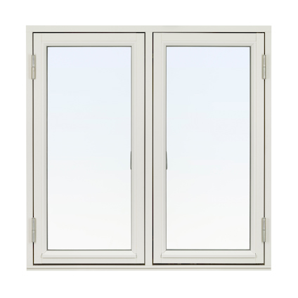 Tvåfaldigt vitmålat träfönster med glasrutor, utåtgående gångjärn och vertikala handtag i modern stil.