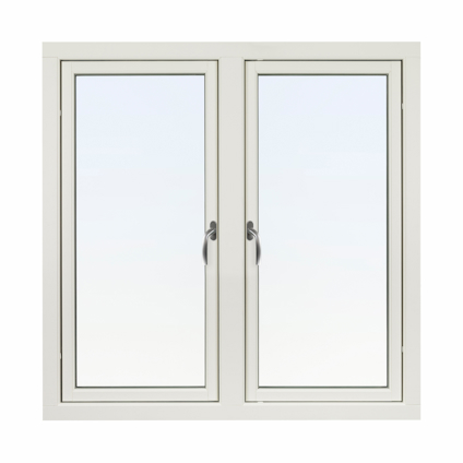Tvåglasfönster med vita ramar och silvriga handtag.
