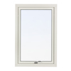 Rektangulärt, vitt fönster med enkel glasruta och ett handtag längst ned i mitten.