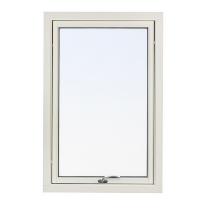 Rektangulärt, vitt fönster med enkel glasruta och ett handtag längst ned i mitten.