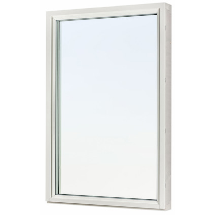 Rektangulärt vitt trä/aluminiumfönster med treglasrutor och smal ram.