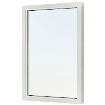 Rektangulärt vitt fönster med klarglas och smal ram.