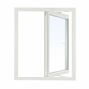 Sideswing-fönster i vitt trä och aluminium, öppnat på sidan, mot en vit bakgrund.