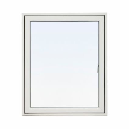 Rektangulärt fönster med vit karm och genomskinligt glas.