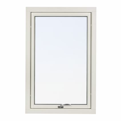 Vit rektangulärt fönster med en enkel glasruta och en silverfärgad handtag längst ner.