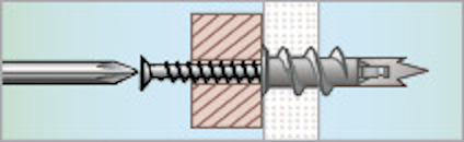 Genomskärning av en skruv med gängor och en plugg införd i en vägg.