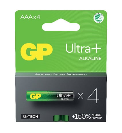 Förpackning med fyra GP Ultra Plus alkaliska AAA-batterier, inkluderar texten "+150% more power".