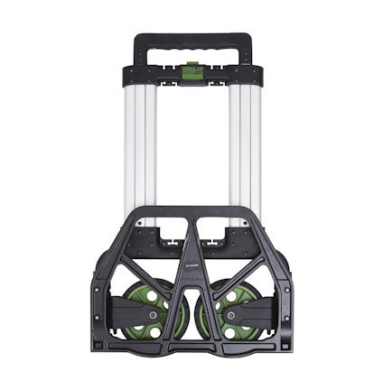 Hopfällbar bagagevagn med gröna hjul och svart ram.