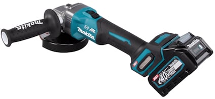 Batteridriven vinkelslip av märket Makita, 40V, blå och svart med handtag och slipskiva.