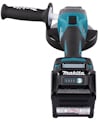Vinkelslip av märket Makita med batteri och sidhandtag, sedd bakifrån.