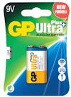 Förpackning med GP Ultra Plus alkalisk 9V-batteri, ny formula, mot en färgglad bakgrund.