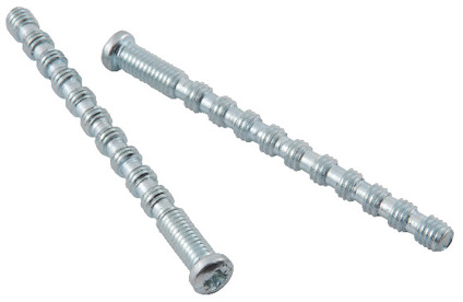 Två metallskruvar med gängor och skruvhuvuden med stjärnformade spår, liggande på vit bakgrund.