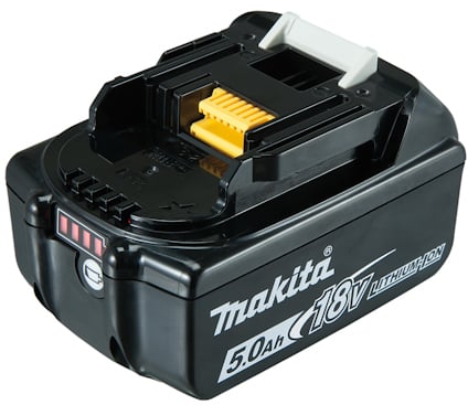 Svart och grått Makita 18V litiumjonbatteri med vit logotyp och kapacitetsindikator.