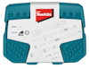 Blå verktygslåda med vita och grå detaljer från Makita. Text: "B-65597, 1/4", CrV, 84".