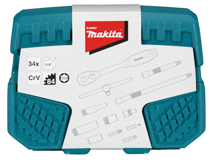 Blå verktygslåda med vita och grå detaljer från Makita. Text: "B-65597, 1/4", CrV, 84".