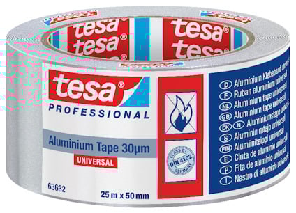 Rulle av aluminiumtejp med etikett som visar texten "tesa professional" och varningssymboler.
