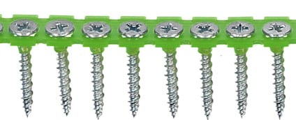 Bandade skruvar med stjärnformade skruvskallar i en grön plastremsa.